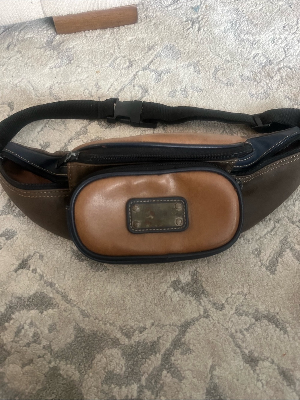 Vintage 1990 Brown and Dark Green Leather Waist Bag - Mens Crossbody Belt Bag